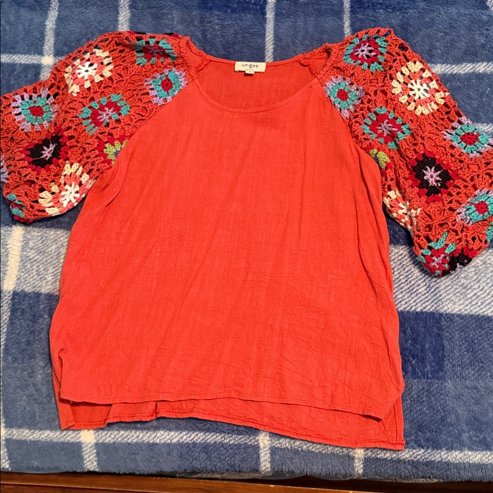 Umgee Burnt Orange Top with Colorful Crochet Sleeves